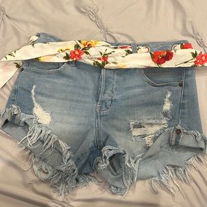 ALTAR’D state Distressed Jean Shorts with a flower fabric belt